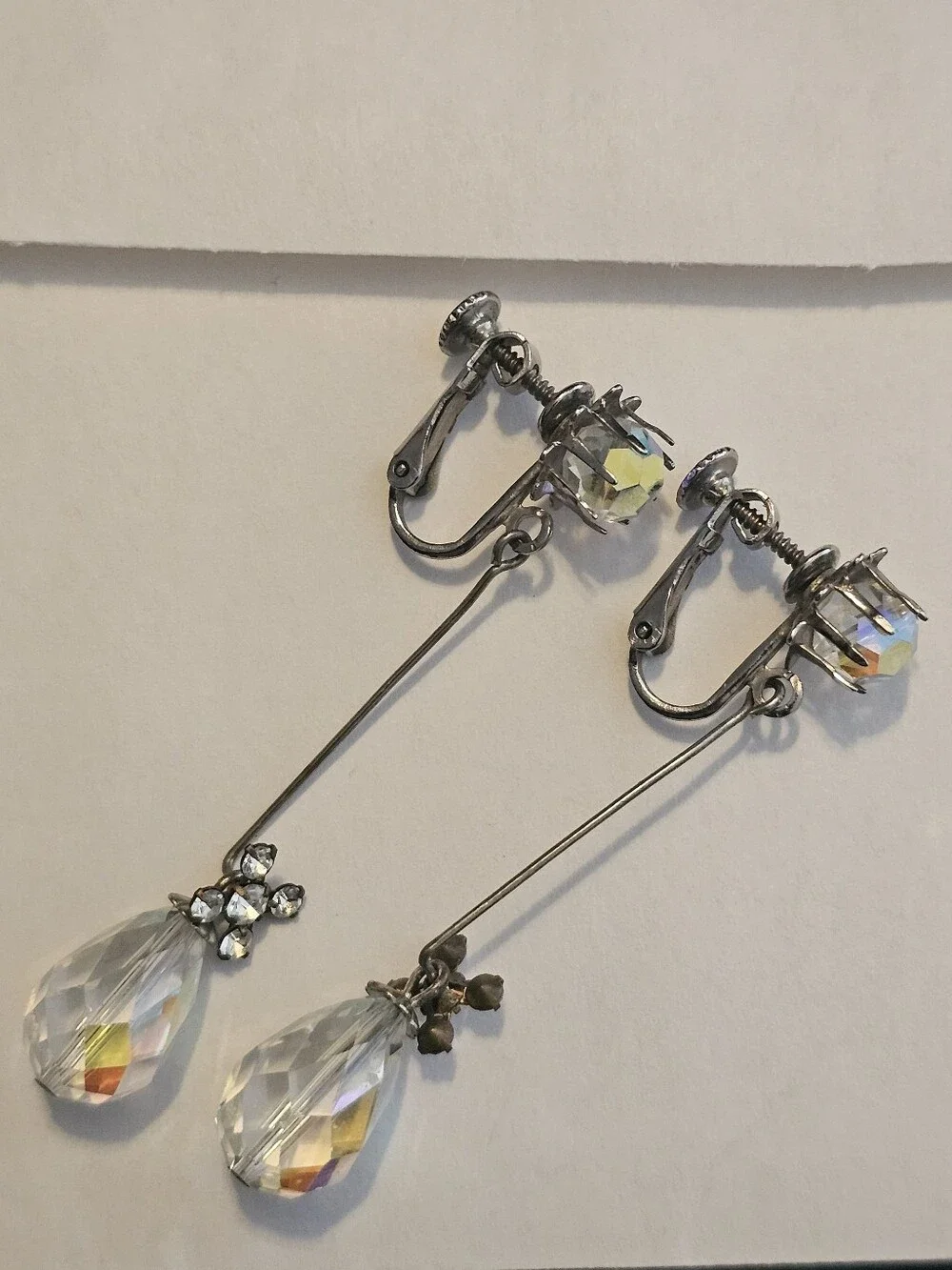 Vintage Clip On Crystal Drop Dangle Earrings - Aurora Clear
